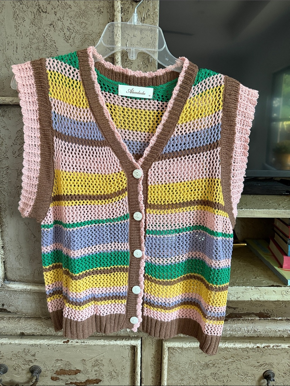 Crochet Stripe Button-Front Sweater Vest in Pink Multi